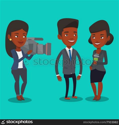 African-american professional reporter with microphone interviews a man. Female operator filming interview. Journalist making interview with businessman. Vector flat design illustration. Square layout. TV interview vector illustration.