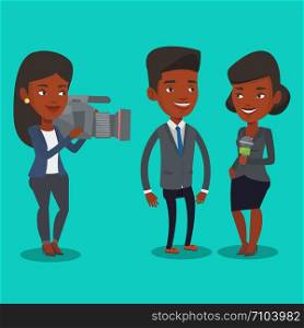 African-american professional reporter with microphone interviews a man. Female operator filming interview. Journalist making interview with businessman. Vector flat design illustration. Square layout. TV interview vector illustration.