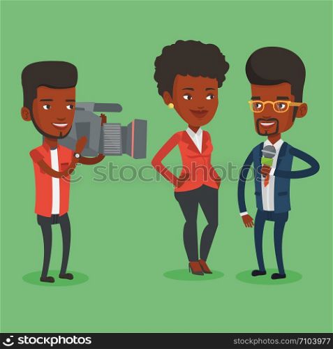 African-american professional reporter with microphone interviews a woman. Operator filming interview. Journalist making interview with business woman. Vector flat design illustration. Square layout.. TV interview vector illustration.