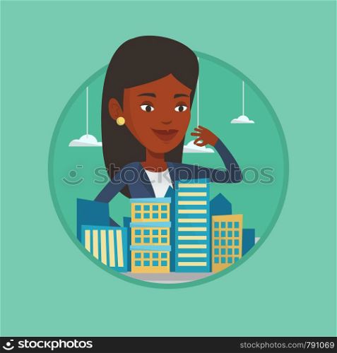 African-american real estate agent presenting a model of city. Sales manager working with a project of a new district of the city. Vector flat design illustration in the circle isolated on background.. Real estate agent presenting city model.