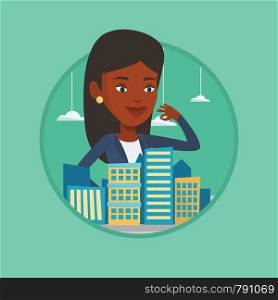 African-american real estate agent presenting a model of city. Sales manager working with a project of a new district of the city. Vector flat design illustration in the circle isolated on background.. Real estate agent presenting city model.