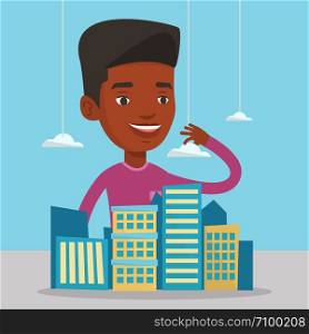African-american real estate agent presenting a model of modern city district. Sales manager working with a project of a new modern district of the city. Vector flat design illustration. Square layout. Real estate agent presenting city model.