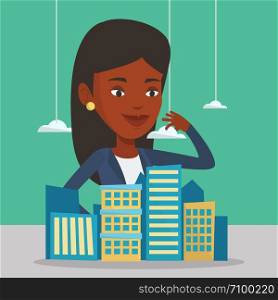 African-american real estate agent presenting a model of new city district. Sales manager working with a project of a new modern district of the city. Vector flat design illustration. Square layout.. Real estate agent presenting city model.