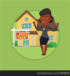 African-american real estate agent standing in front of sold real estate placard and house. Successful real estate agent sold a house. Vector flat design illustration in circle isolated on background.. Real estate agent signing contract.