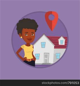 African-american real estate agent standing on the background of map pointer above the house. Real estate agent offering the house. Vector flat design illustration in the circle isolated on background. Realtor on background of house with map pointer.