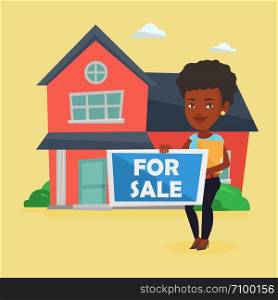 African-american realtor offering the house. Young female realtor with placard for sale and documents in hands standing on the background of house. Vector flat design illustration. Square layout.. Young female realtor offering house.