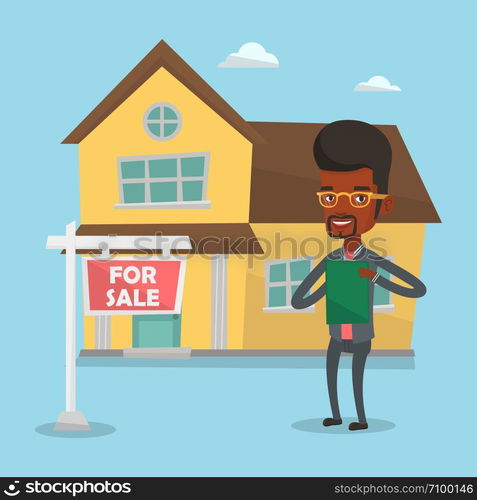 African-american realtor signing home purchase contract. Realtor standing in front of the house with placard for sale. Realtor selling a house. Vector flat design illustration. Square layout.. Real estate agent signing contract.