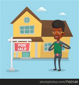 African-american realtor signing home purchase contract. Realtor standing in front of the house with placard for sale. Realtor selling a house. Vector flat design illustration. Square layout.. Real estate agent signing contract.