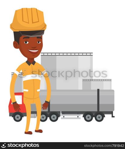 African-american refinery worker of oil and gas industry. Refinery worker in hard hat and uniform standing on the background of fuel truck. Vector flat design illustration isolated on white background. Worker on background of fuel truck.