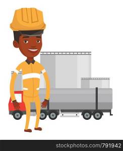 African-american refinery worker of oil and gas industry. Refinery worker in hard hat and uniform standing on the background of fuel truck. Vector flat design illustration isolated on white background. Worker on background of fuel truck.