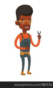African-american repairman standing with a spanner in hand. Confident repairman giving thumb up. Young happy repairman holding a spanner. Vector flat design illustration isolated on white background.. Repairman holding spanner vector illustration.