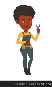 African-american repairman standing with a spanner in hand. Confident repairman giving thumb up. Young happy repairman holding a spanner. Vector flat design illustration isolated on white background.. Repairman holding spanner vector illustration.
