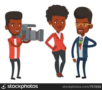 African-american reporter with microphone interviews a woman. Operator filming interview. Journalist making interview with businesswoman. Vector flat design illustration isolated on white background.. TV interview vector illustration.