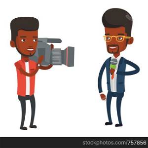 African-american reporter with microphone presenting the news. Young operator filming reporter. Reporter and operator recording the news. Vector flat design illustration isolated on white background.. TV reporter and operator vector illustration.