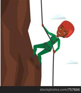 African-american rock climber in action. Rock climber in protective helmet climbing on rock. Smiling woman climbing in mountains with rope. Vector flat design illustration isolated on white background. Woman climbing in mountains with rope.