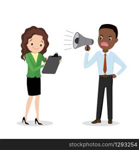 African american sad Boss with megaphone and female secretary, chief and subordinate isolated on white background,flat vector illustration