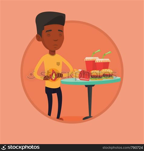 African-american sad man having stomach ache from heartburn. Man suffering from heartburn. Man having stomach ache after fast food. Vector flat design illustration in the circle isolated on background. Man suffering from heartburn vector illustration.