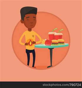 African-american sad man having stomach ache from heartburn. Man suffering from heartburn. Man having stomach ache after fast food. Vector flat design illustration in the circle isolated on background. Man suffering from heartburn vector illustration.