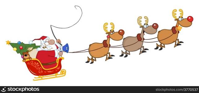 African American Santa Claus And Team Of Reindeer In His Sleigh Flying