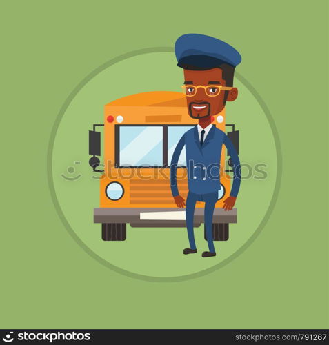 African-american school bus driver standing in front of yellow bus. Smiling school bus driver in uniform. Happy school bus driver. Vector flat design illustration in the circle isolated on background.. School bus driver vector illustration.