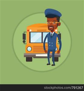 African-american school bus driver standing in front of yellow bus. Smiling school bus driver in uniform. Happy school bus driver. Vector flat design illustration in the circle isolated on background.. School bus driver vector illustration.