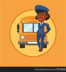 African-american school driver standing in front of yellow bus. Smiling school bus driver in uniform. Cheerful school bus driver. Vector flat design illustration in the circle isolated on background.. School bus driver vector illustration.