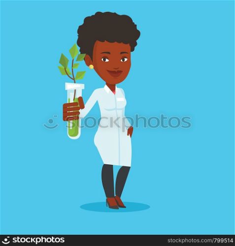 African-american scientist holding test tube with young sprout. Woman analyzing sprout in test tube. Laboratory assistant showing test tube with sprout. Vector flat design illustration. Square layout.. Scientist with test tube vector illustration.