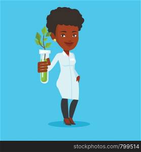African-american scientist holding test tube with young sprout. Woman analyzing sprout in test tube. Laboratory assistant showing test tube with sprout. Vector flat design illustration. Square layout.. Scientist with test tube vector illustration.