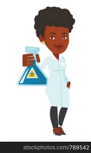 African-american scientist in medical gown. Scientist holding flask with biohazard sign. Scientist showing a flask with some liquid in it. Vector flat design illustration isolated on white background.. Scientist holding flask with biohazard sign.