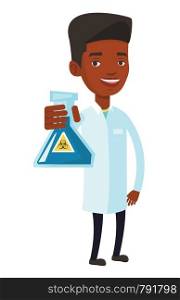 African-american scientist in medical gown. Scientist holding flask with biohazard sign. Scientist showing a flask with some liquid in it. Vector flat design illustration isolated on white background.. Scientist holding flask with biohazard sign.