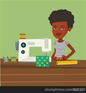 African-american seamstress working in a cloth factory. Seamstress sewing on an industrial sewing machine. Seamstress using sewing machine at workshop. Vector flat design illustration. Square layout.. Seamstress using sewing machine at workshop.