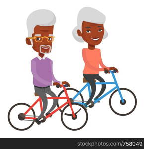 African-american senior couple riding a bicycles. Retired couple having fun while riding a bicycles. Couple enjoying walk with bicycles. Vector flat design illustration isolated on white background.. Senior couple riding on bicycles.