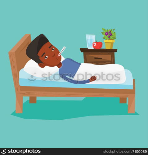 African-american sick man with fever laying in bed. Sick man measuring temperature with thermometer in mouth. Sick man suffering from cold or flu virus. Vector flat design illustration. Square layout.. Sick man with thermometer laying in bed.