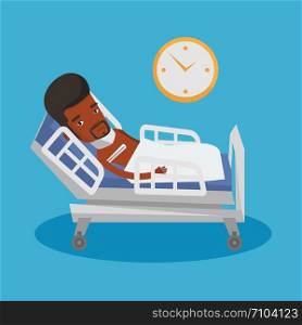 African-american sick man with fever laying in bed. Young sick man measuring temperature with thermometer. Sick man suffering from cold or flu virus. Vector flat design illustration. Square layout.. Sick man with thermometer laying in bed.