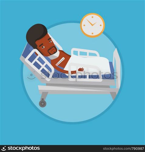African-american sick man with fever laying in bed. Sick man measuring temperature with thermometer. Sick man suffering from flu virus. Vector flat design illustration in circle isolated on background. Man with neck injury vector illustration.