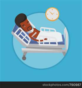 African-american sick man with fever laying in bed. Sick man measuring temperature with thermometer. Sick man suffering from flu virus. Vector flat design illustration in circle isolated on background. Man with neck injury vector illustration.