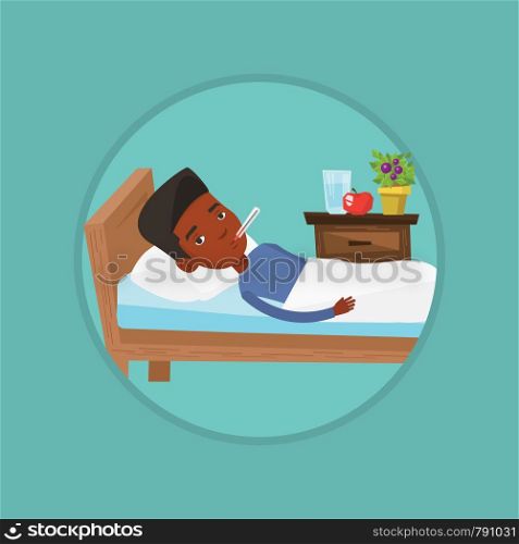 African-american sick man with fever laying in bed. Sick man measuring temperature with thermometer. Sick man suffering from cold. Vector flat design illustration in the circle isolated on background.. Sick man with thermometer laying in bed.