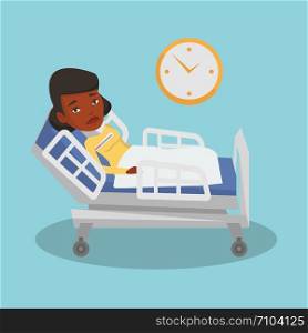 African-american sick woman with fever laying in bed. Sick woman measuring temperature with thermometer. Sick woman suffering from cold or flu virus. Vector flat design illustration. Square layout.. Sick woman with thermometer laying in bed.