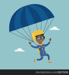 African-american skydiver flying with a parachute. Young happy skydiver descending with a parachute in the sky. Sport and leisure activity concept. Vector cartoon illustration. Square layout.. Young african skydiver flying with a parachute.