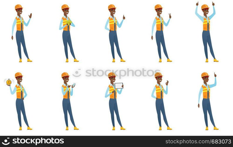 African-american smiling builder showing ok sign. Young cheerful builder making ok sign. Successful builder gesturing ok sign. Set of vector flat design illustrations isolated on white background.. Vector set of builder characters.
