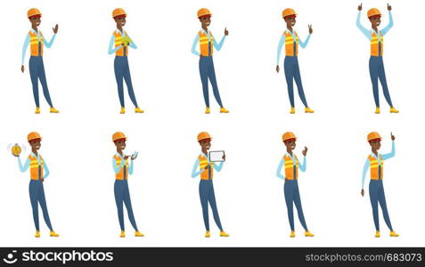 African-american smiling builder showing ok sign. Young cheerful builder making ok sign. Successful builder gesturing ok sign. Set of vector flat design illustrations isolated on white background.. Vector set of builder characters.