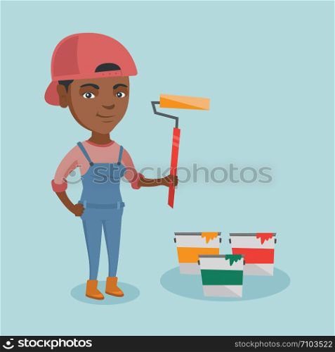 African-american smiling female painter in uniform holding a paint roller in hand. Young cheerful house painter standing near paint cans. Vector cartoon illustration. Square layout.. Young african painter holding a paint roller.