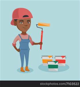 African-american smiling female painter in uniform holding a paint roller in hand. Young cheerful house painter standing near paint cans. Vector cartoon illustration. Square layout.. Young african painter holding a paint roller.