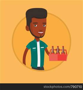 African-american smiling man buying beer. Young happy man holding pack of beer. Man carrying a six pack of beer. Vector flat design illustration in the circle isolated on background.. Man with pack of beer vector illustration.