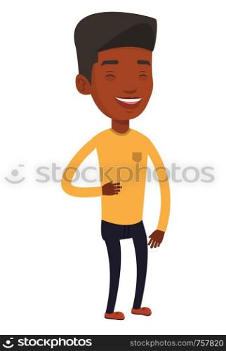 African-american smiling man holding belly and laughing. Young happy man with closed eyes laughing. Full length of cheerful man laughing. Vector flat design illustration isolated on white background.. Young african-american man laughing.