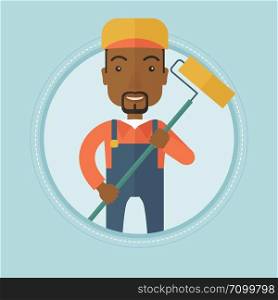 African-american smiling painter in uniform holding a paint roller in hands. Painter at work. House painter painting with roller. Vector flat design illustration in the circle isolated on background.. Painter with paint roller vector illustration.