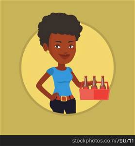 African-american smiling woman buying beer. Young happy woman holding pack of beer. Woman carrying a six pack of beer. Vector flat design illustration in the circle isolated on background.. Woman with pack of beer vector illustration.