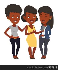 African-american smiling woman showing something to her friends on smartphone. Three happy friends looking at smartphone and laughing. Vector flat design illustration isolated on white background.. Three smiling friends looking at mobile phone.