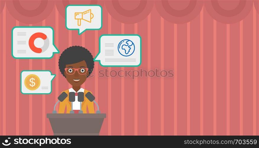 African-american speaker standing on podium with microphones at business conference. Woman giving speech at podium and speech squares around her. Vector flat design illustration. Hhorizontal layout.. Female speaker on the podium vector illustration.