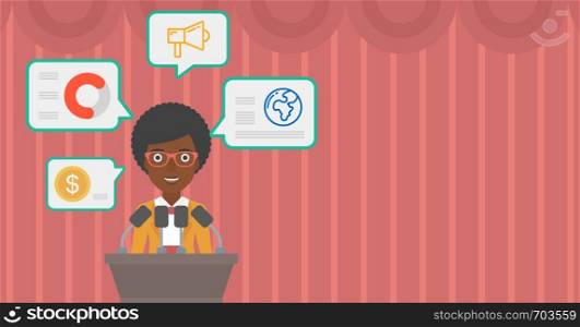 African-american speaker standing on podium with microphones at business conference. Woman giving speech at podium and speech squares around her. Vector flat design illustration. Hhorizontal layout.. Female speaker on the podium vector illustration.